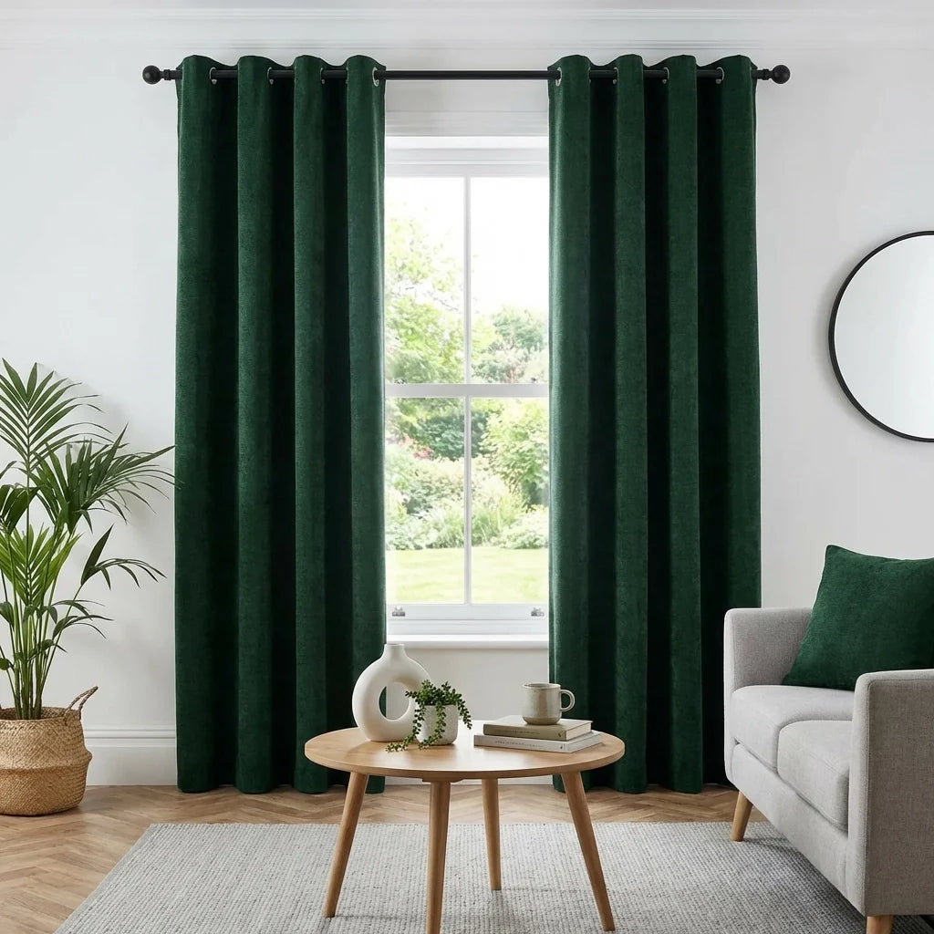 Green Chenille Thermal Blackout Eyelet Curtains