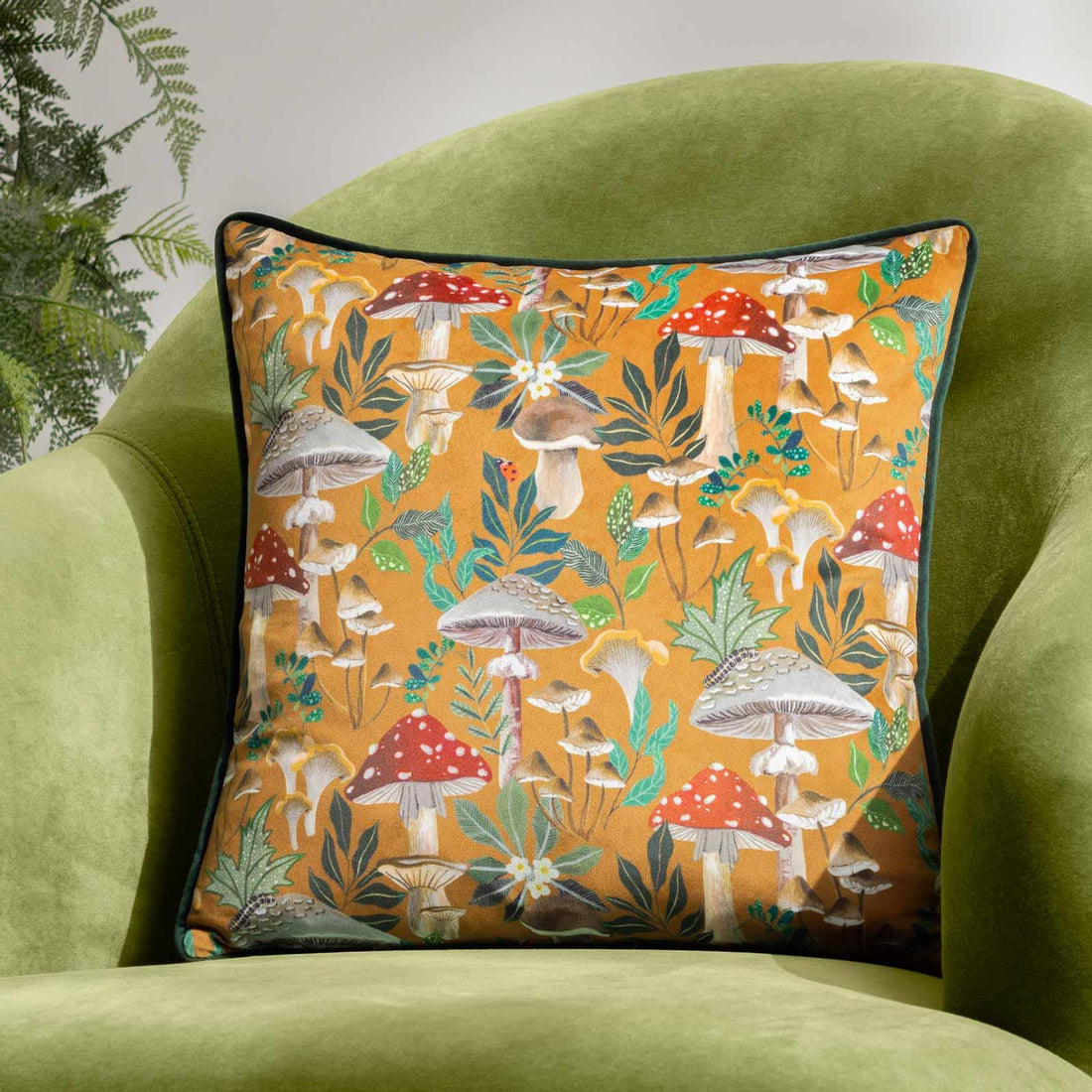 Wild Garden Mushroom Repeat Velvet Cushion Cover