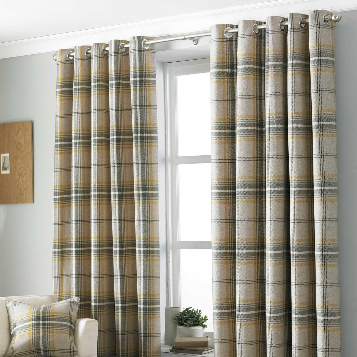 Aviemore Tartan Eyelet Curtains Ochre 90" x 90" by Paoletti