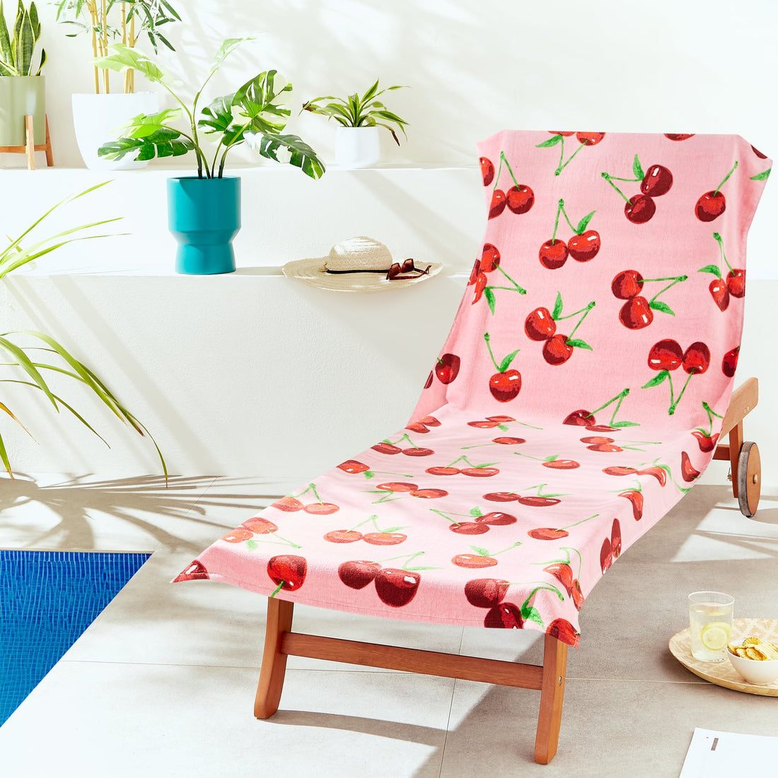 Catherine Lansfield Cherries Pink 100% Cotton Sun Lounger Beach Towel 78x200cm