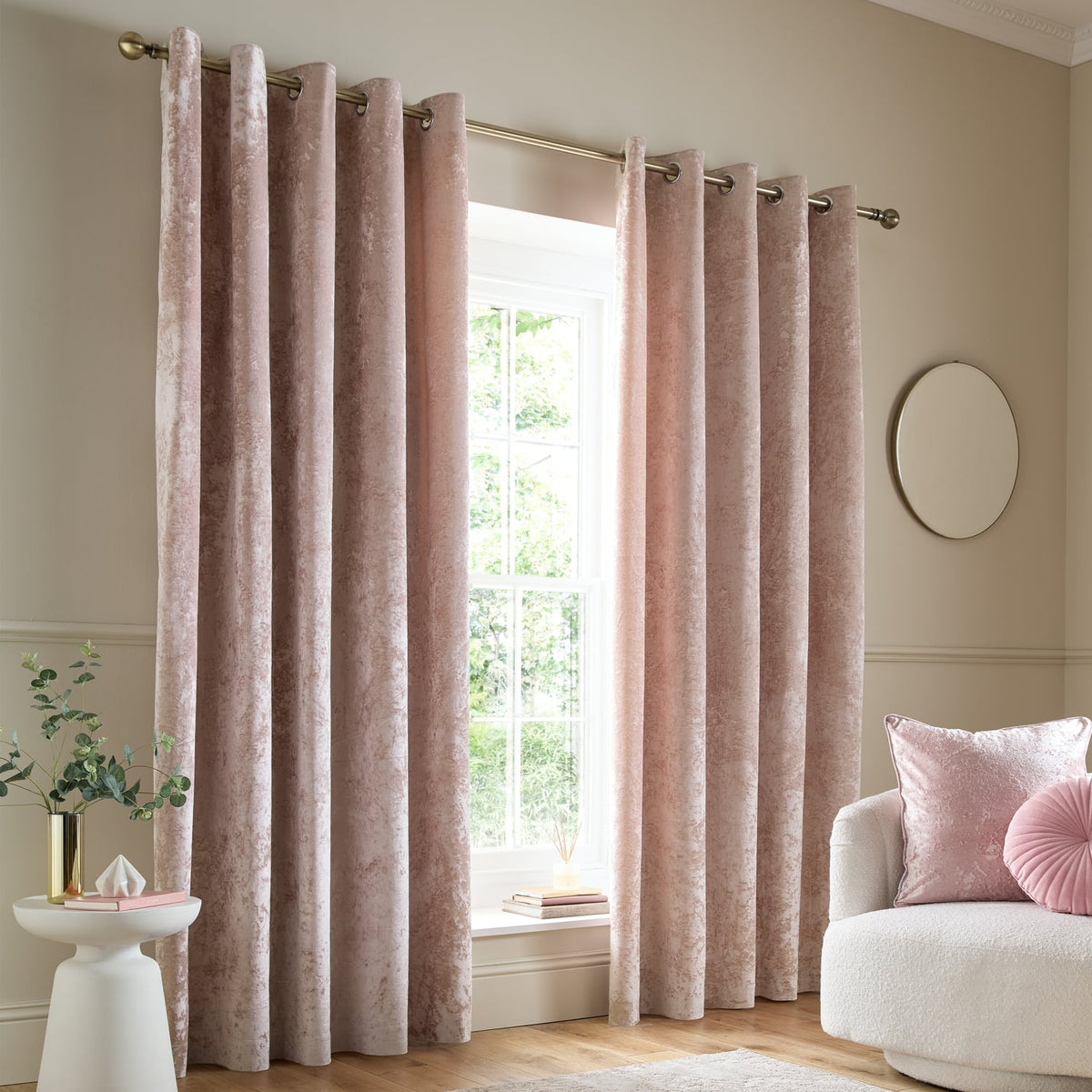 Catherine Lansfield Crushed Velvet Lined Eyelet Curtains - Blush - Crushed Velvet Curtains Blush