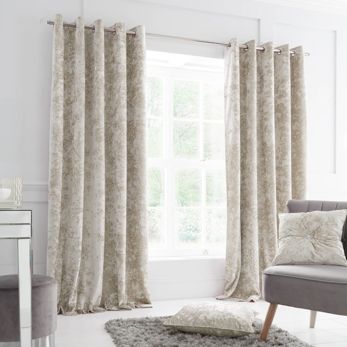 Catherine Lansfield Crushed Velvet Lined Eyelet Curtains - Natural