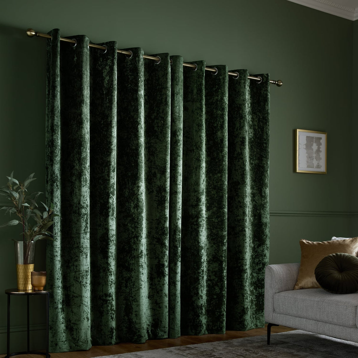 Catherine Lansfield Crushed Velvet Lined Eyelet Curtains - Natural - Crushed Velvet Curtains Olive