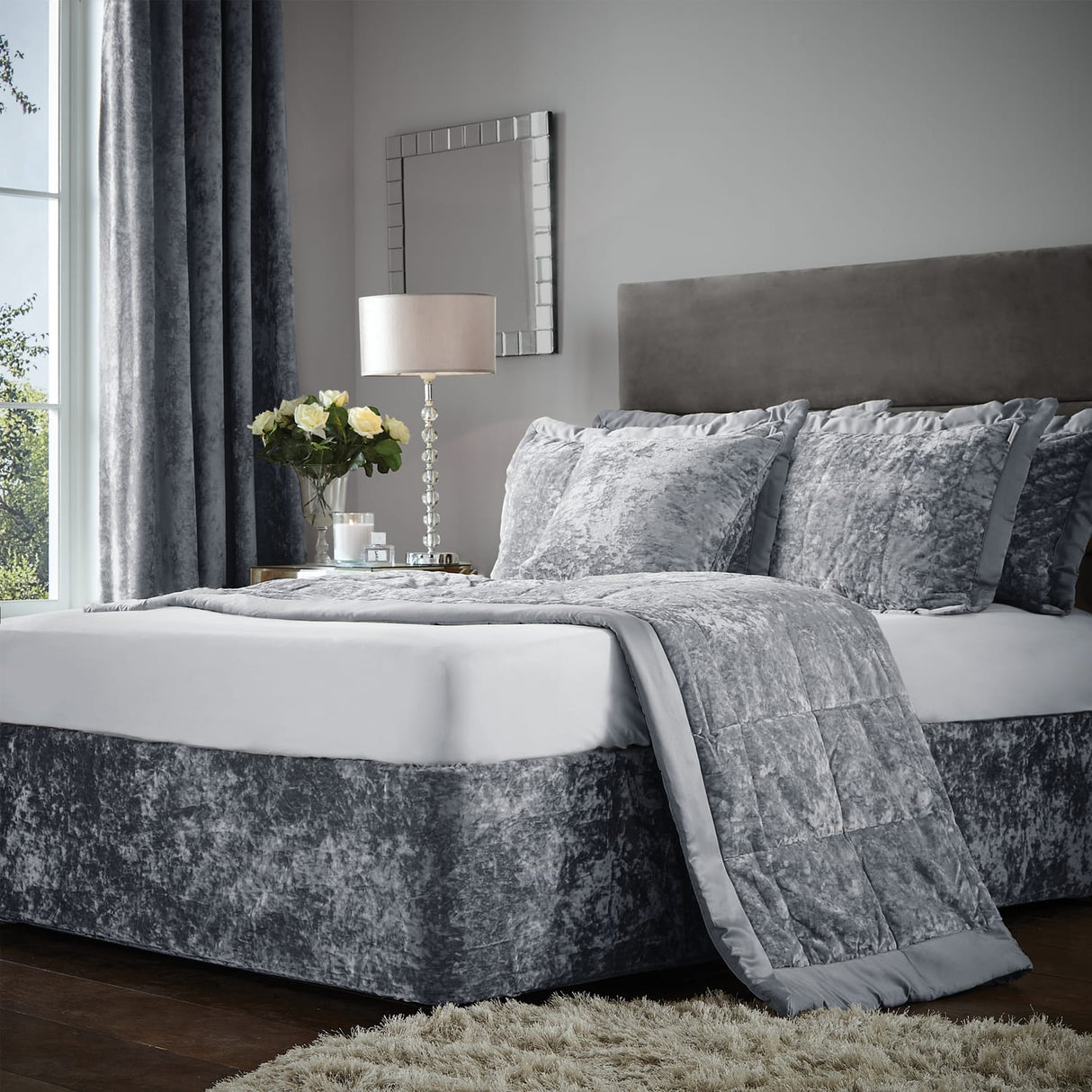 Catherine Lansfield Crushed Velvet Duvet Cover Set - Crushed Velvet Divan Wrap Band Silver