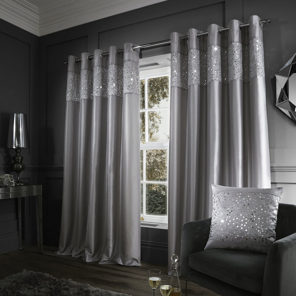 Catherine Lansfield Glitzy Eyelet Curtains - Grey Light Filtering - Glitzy Curtains Grey