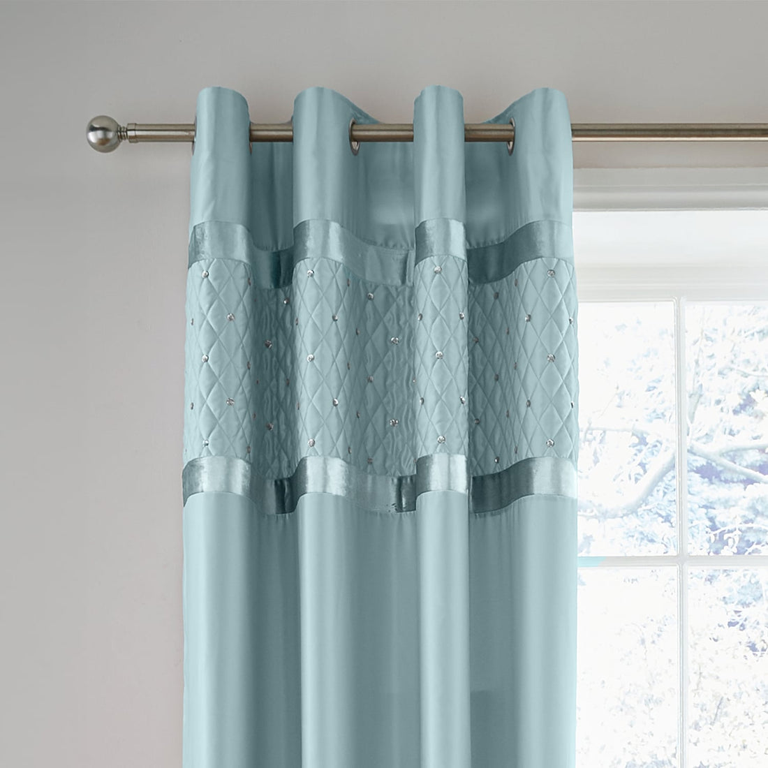 Catherine Lansfield Sequin Cluster Duck Egg Eyelet Curtains
