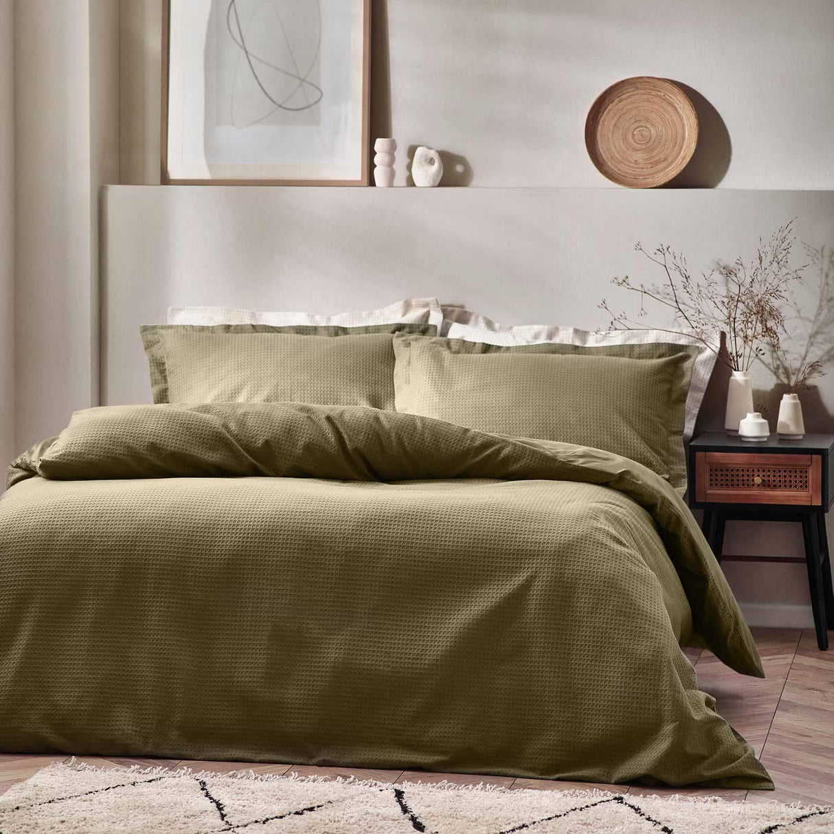 Waffle Textured Cotton Olive Duvet Cover Set