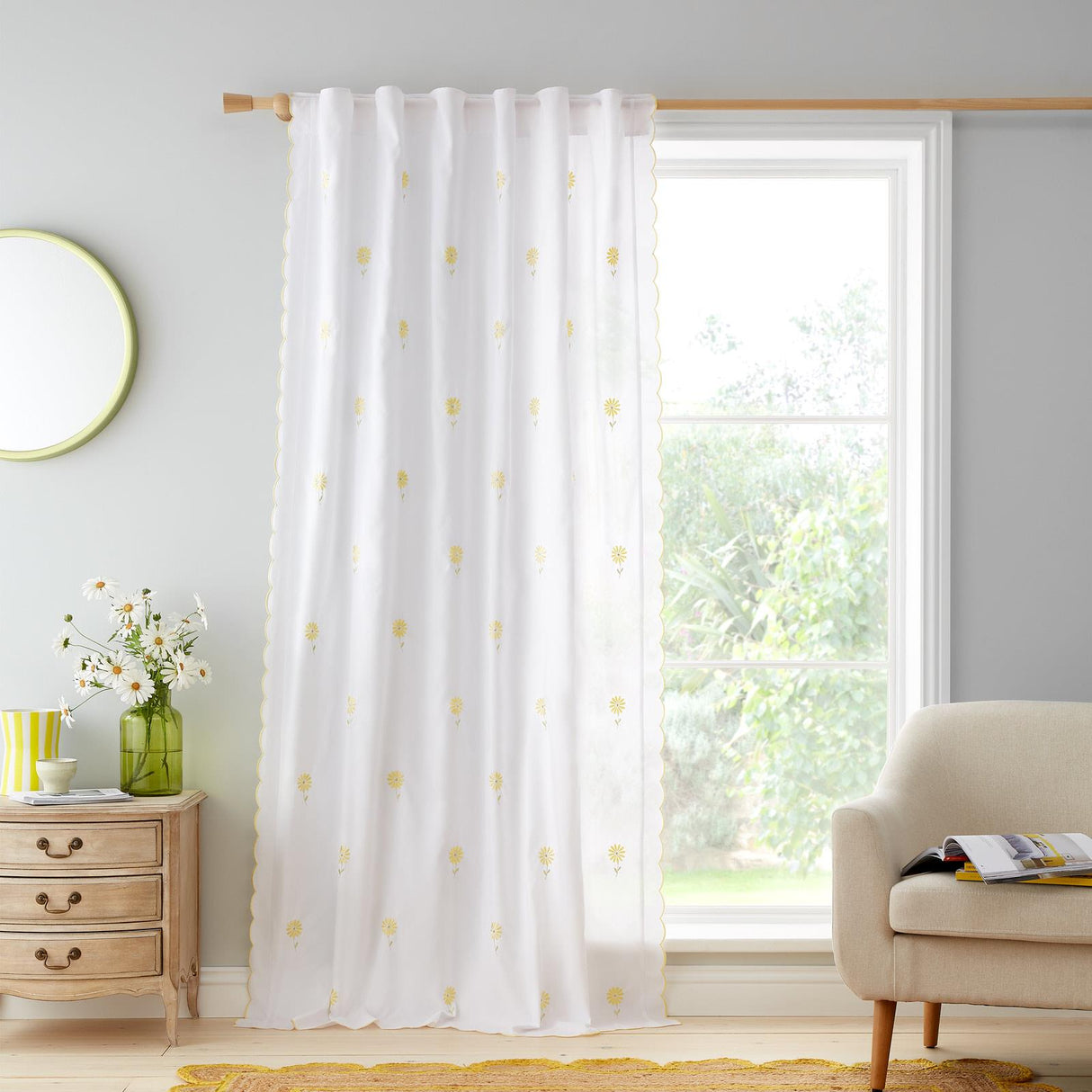 Lorna Embroidered Daisy Voile Curtain Panel by Catherine Lansfield