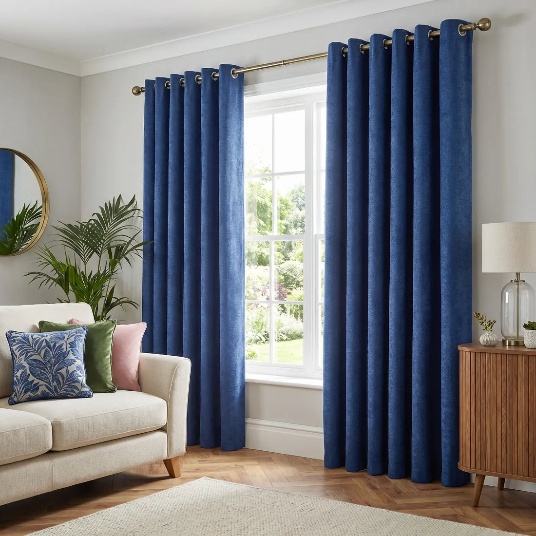 Lined Blue Chenille Thermal Blackout Eyelet Curtains