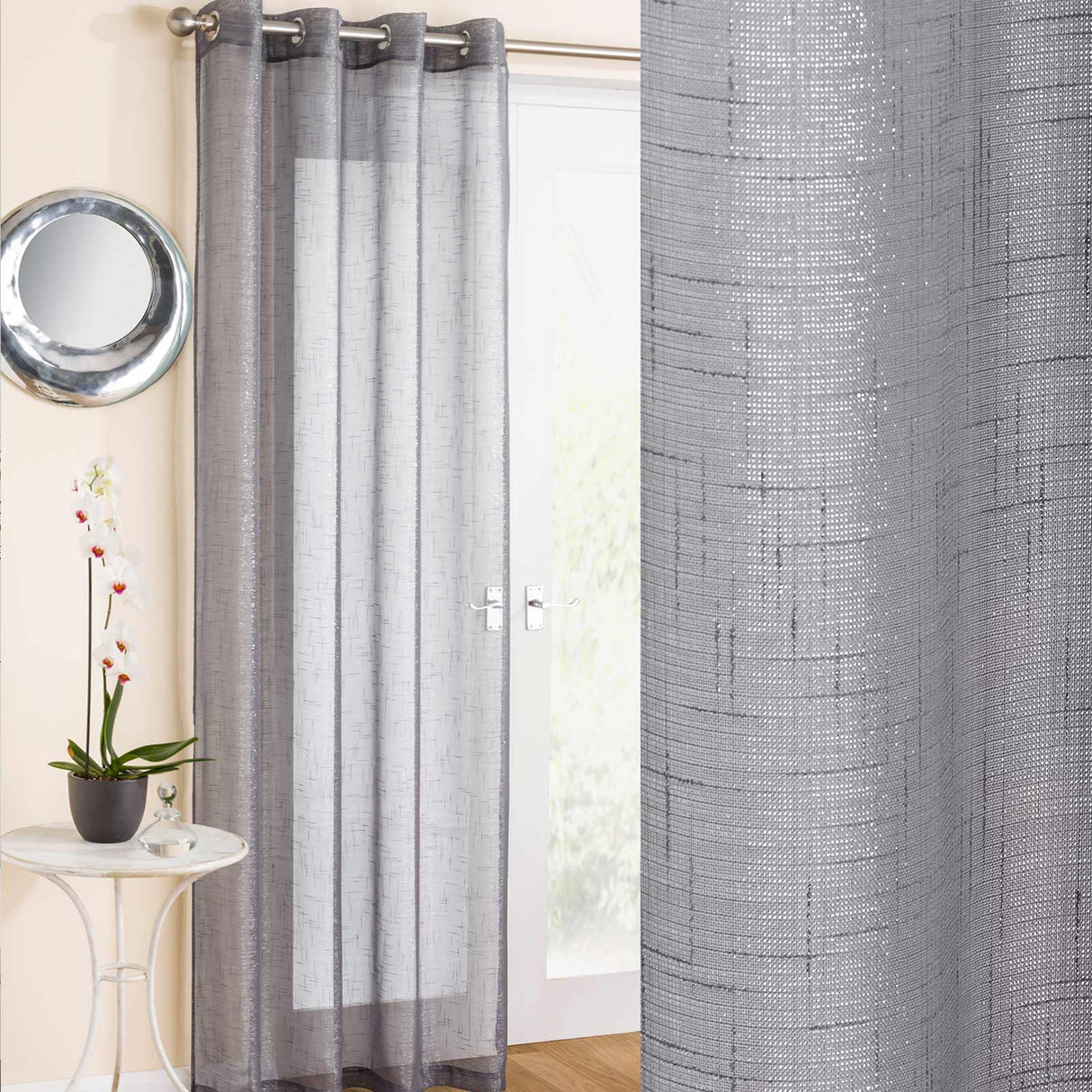 Marrakesh Eyelet Voile Curtain Panel Grey Voile Curtain Tyrone Textiles