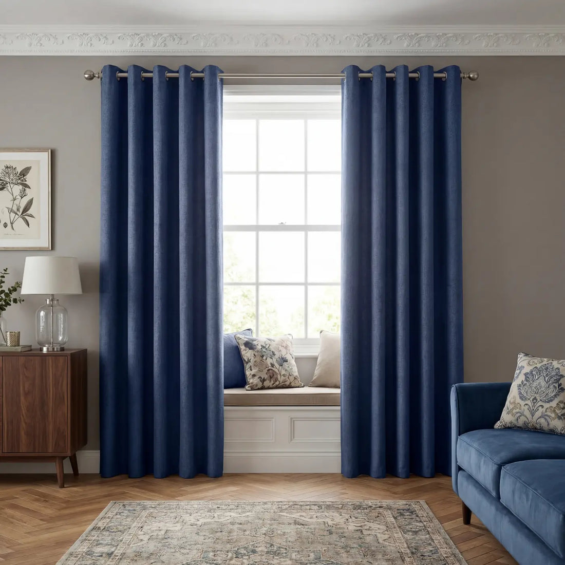 Vogue Navy Thermal Dimout Eyelet Curtains Textured Embossed
