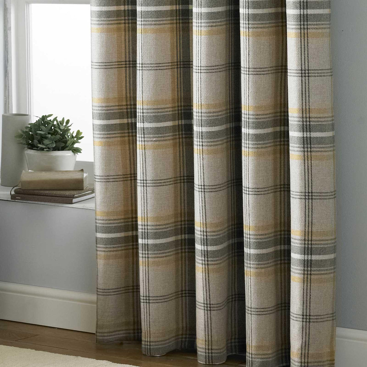 Aviemore Tartan Eyelet Curtains Ochre 90" x 90" by Paoletti