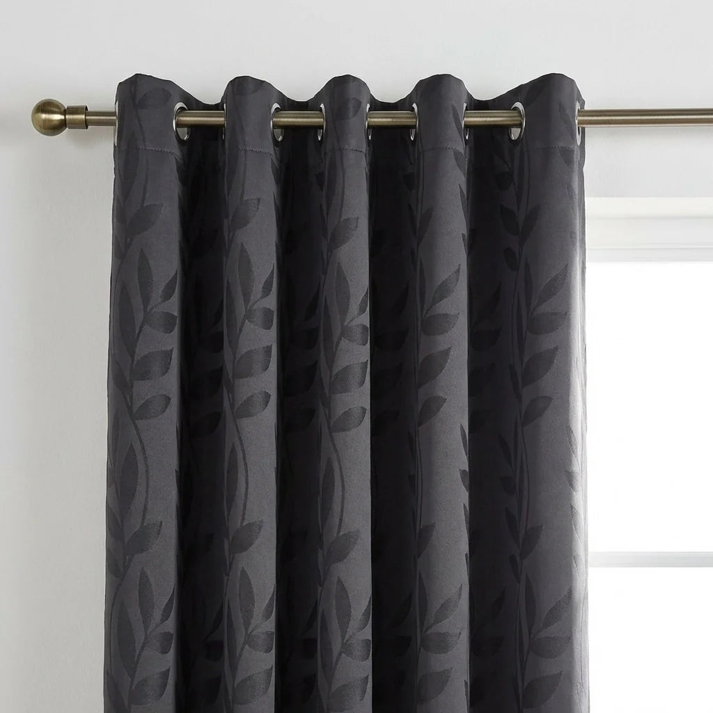Tivoli Leaf Jacquard Lined Eyelet Curtains - Charcoal image 2