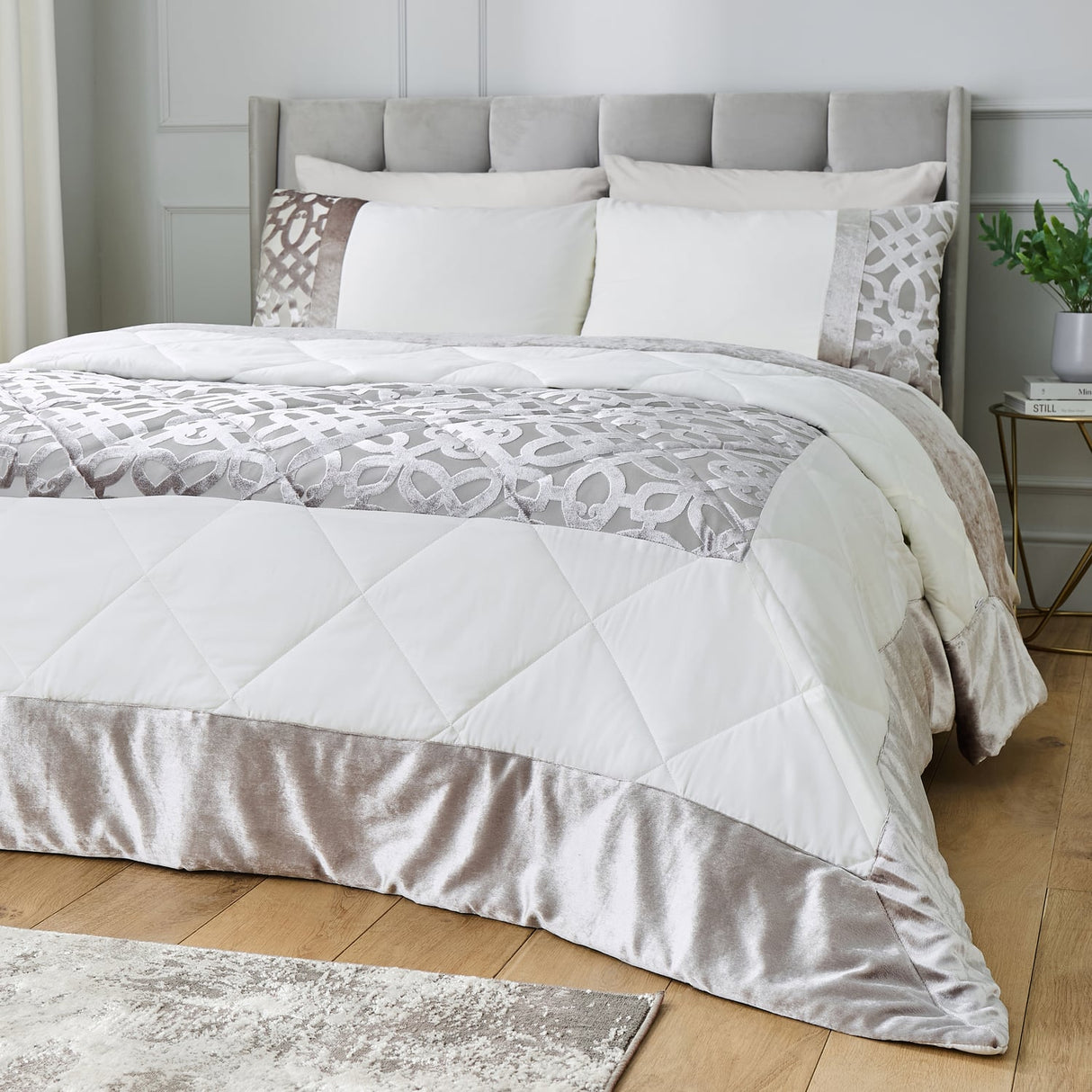 Catherine Lansfield Lattice Cut Velvet Bedspread - Lattice Cut Bedspread Natural