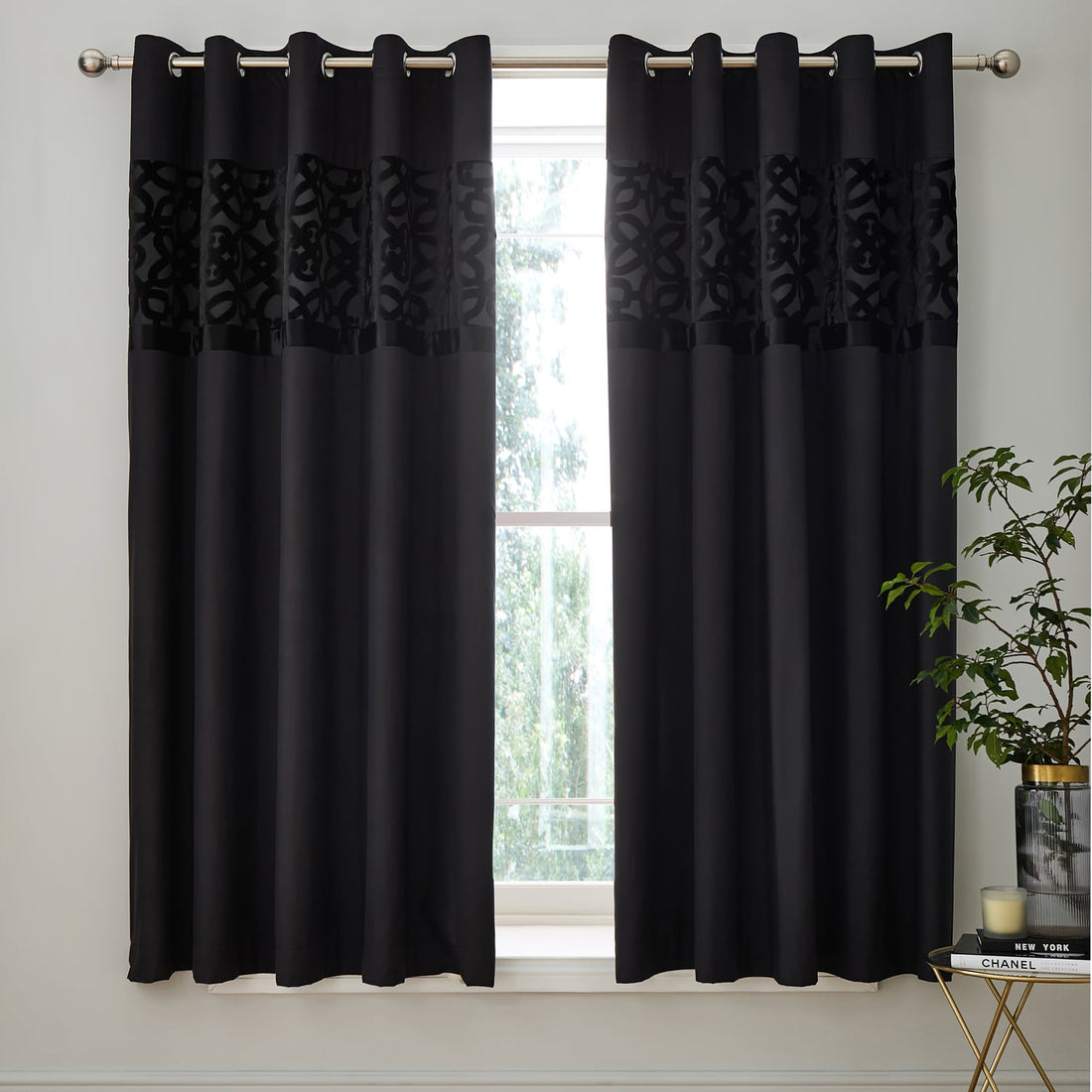 Catherine Lansfield Lattice Cut Black Velvet Dimout Eyelet Curtains
