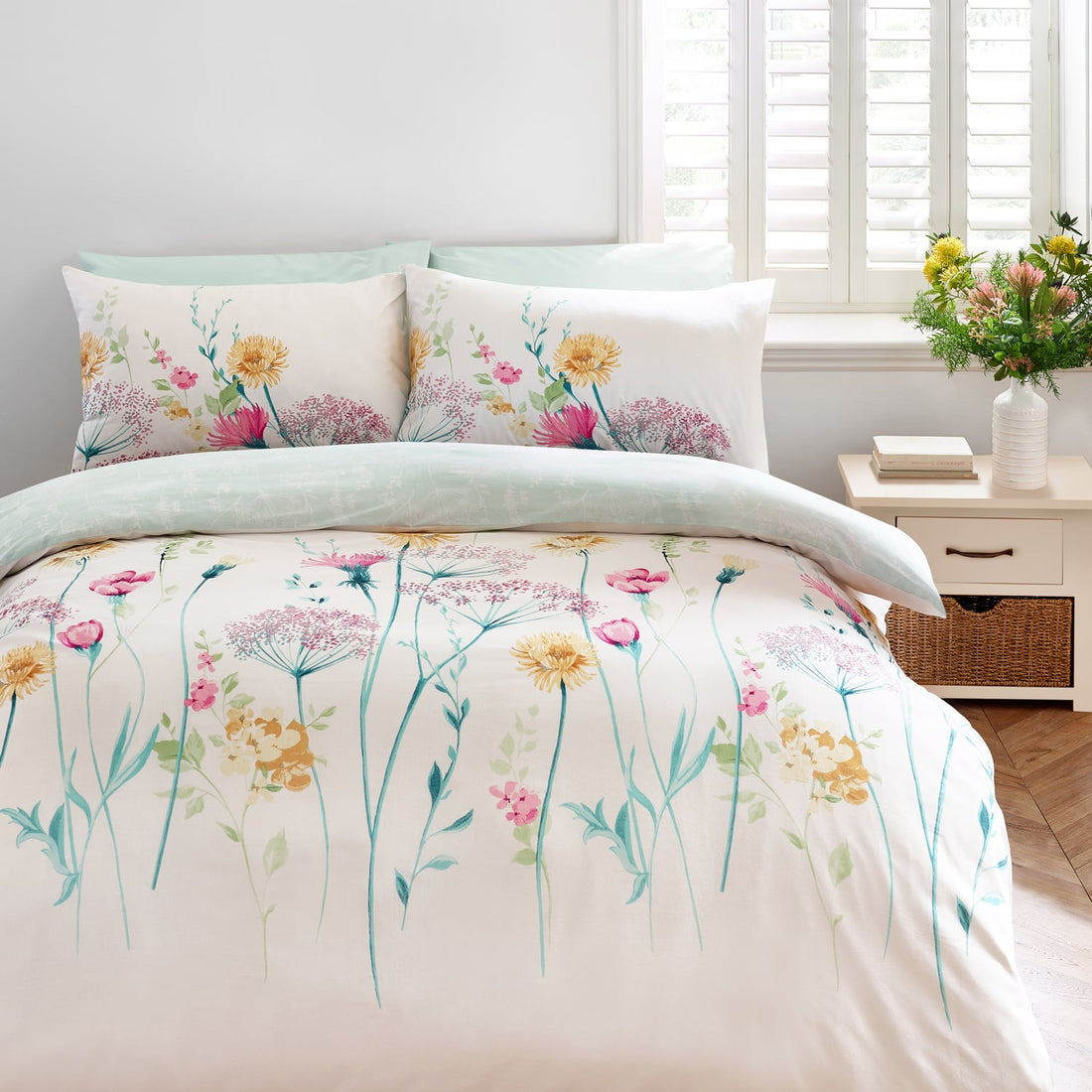 Catherine Lansfield Meadowsweet Floral Grey & Pink Duvet Cover Bedding Set