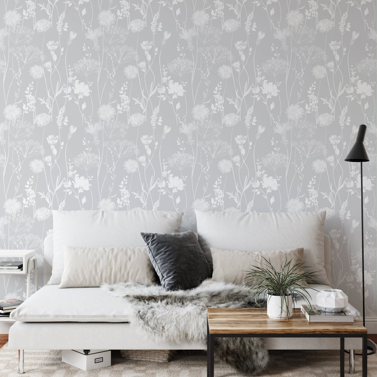 Catherine Lansfield Meadowsweet Floral Wallpaper Blue - Meadowsweet Floral Grey
