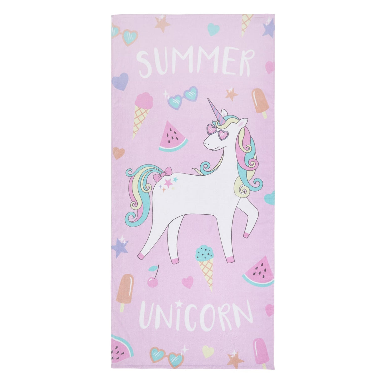 Catherine Lansfield Summer Unicorn 100% Cotton Beach Towel 76x160cm - Pink - Summer Unicorn Beach Towel