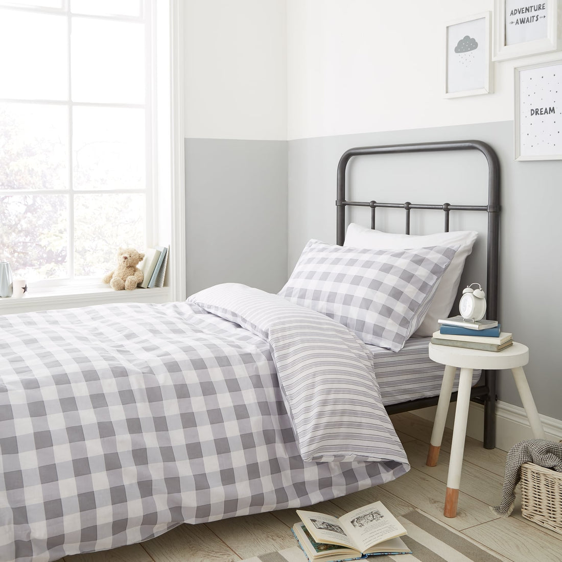 Turner Bianca Check and Stripe Kids Grey 100% Cotton Duvet Cover and Fitted Sheet Set