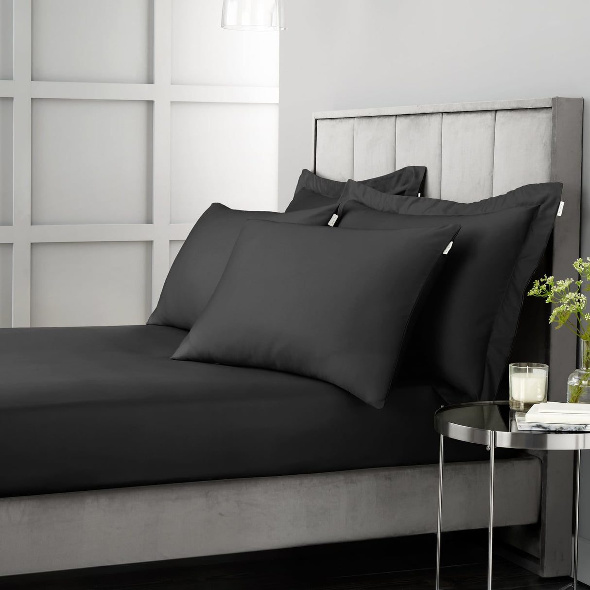 Bianca 400 Thread Count Sateen 36cm Deep Black 100% Cotton Fitted Sheet - 400 Thread Count Cotton Fitted Sheet Black
