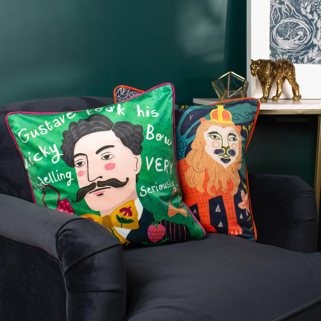 Lion Illustrated Velvet Cushion Cover 43cm x 43cm