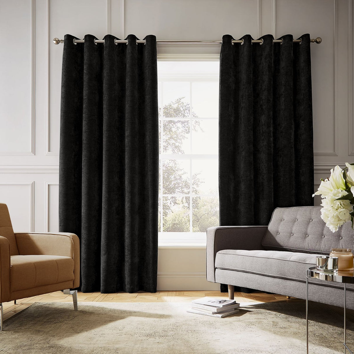 Hyperion Selene Thermal Weighted Eyelet Curtains - Black Jacquard Textured