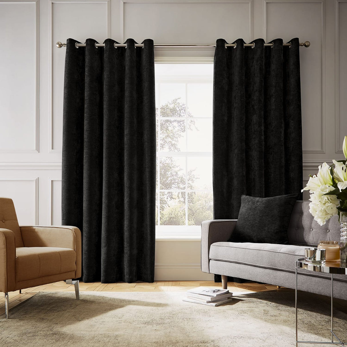 Hyperion Selene Thermal Weighted Eyelet Curtains - Black Jacquard Textured - Selene Chenille Curtain Black (With Cushion)