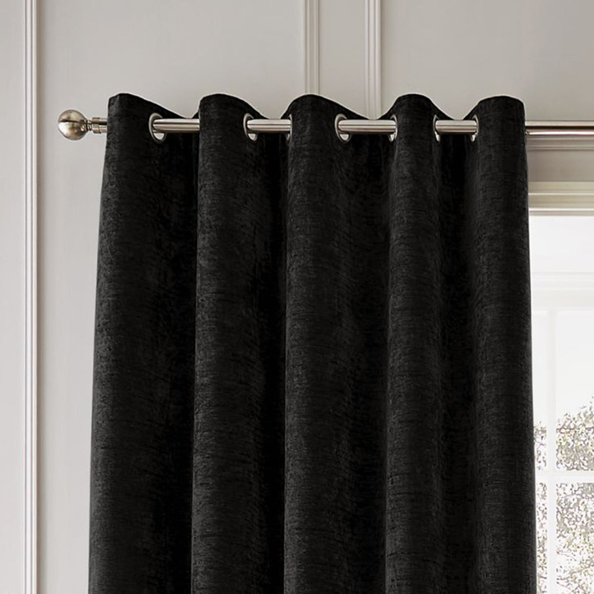 Hyperion Selene Thermal Weighted Eyelet Curtains - Black Jacquard Textured - Selene Chenille Curtain Black