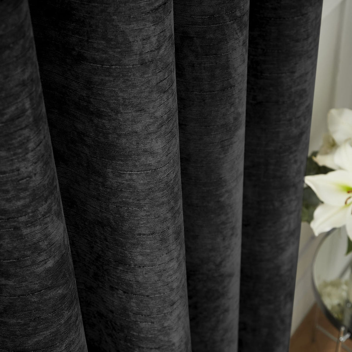 Hyperion Selene Thermal Weighted Eyelet Curtains - Black Jacquard Textured - Selene Chenille Curtain Black