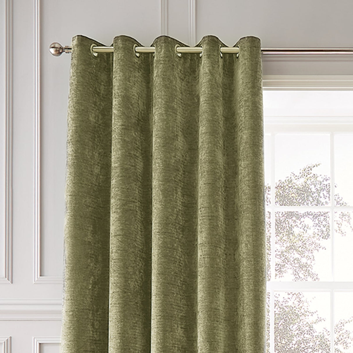 Hyperion Selene Thermal Weighted Eyelet Curtains - Amber Gold Jacquard Textured - Selene Curtains Olive