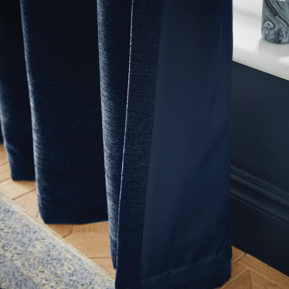 Hyperion Selene Thermal Weighted Eyelet Curtains - Deep Navy Jacquard Textured - Selene Luxury Chenille Weighted Curtains Deep Navy