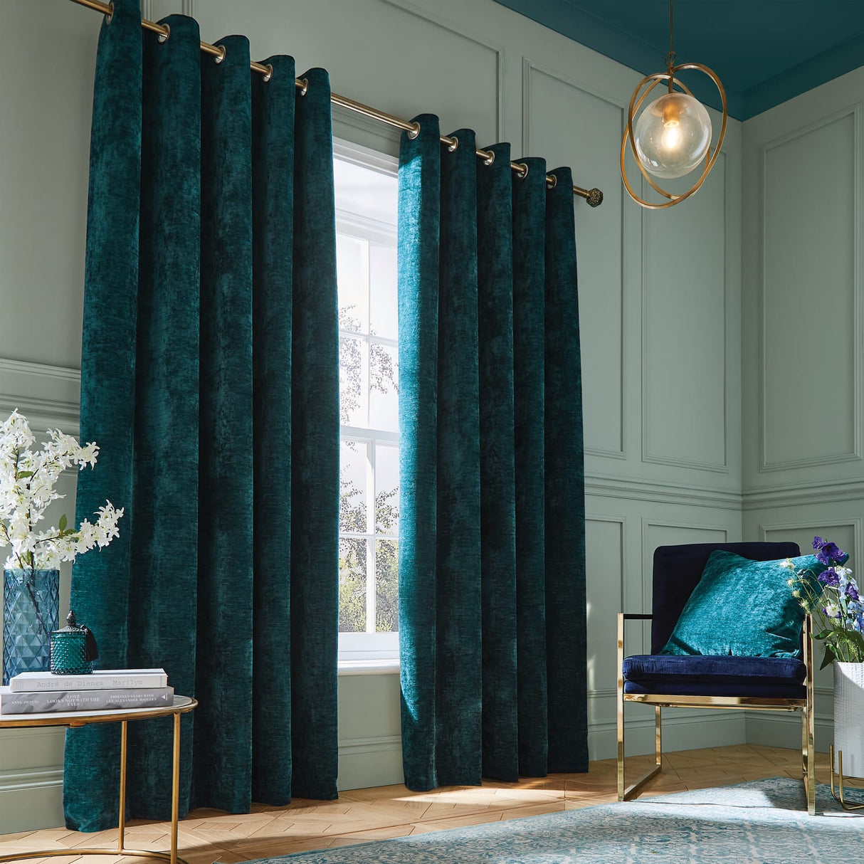 Hyperion Selene Thermal Weighted Eyelet Curtains - Rich Teal Green Jacquard Textured