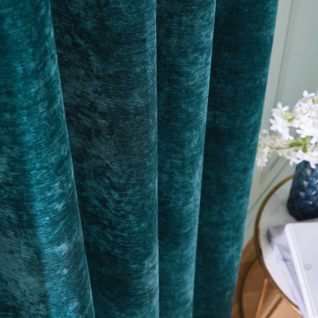 Hyperion Selene Thermal Weighted Eyelet Curtains - Rich Teal Green Jacquard Textured - Selene Luxury Chenille Weighted Curtains Rich Teal