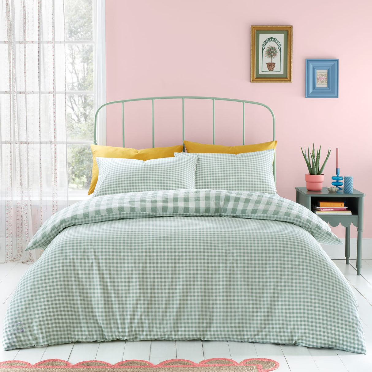 Catherine Lansfield Seersucker Gingham Check Duvet Cover Set - Seersucker Gingham Check Duvet Set Green