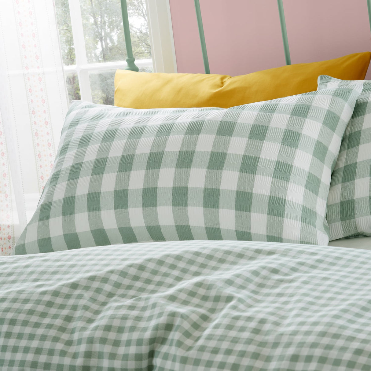 Catherine Lansfield Seersucker Gingham Check Duvet Cover Set - Seersucker Gingham Check Duvet Set Green