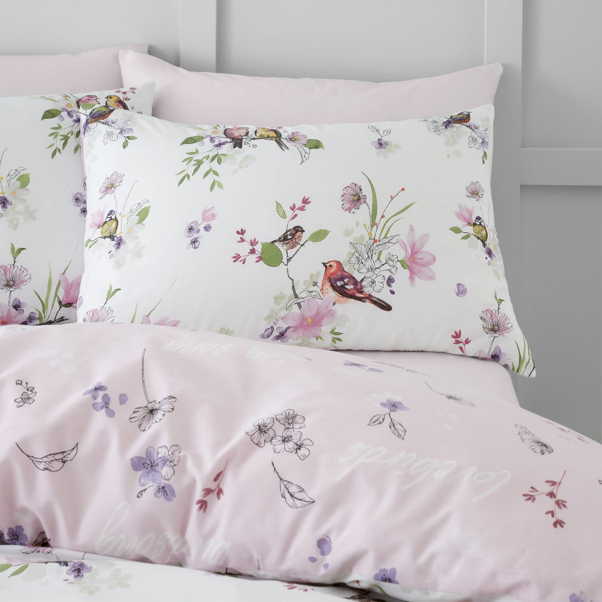 Catherine Lansfield Songbird Duvet Cover Set - Song Bird Pink White Duvet Set