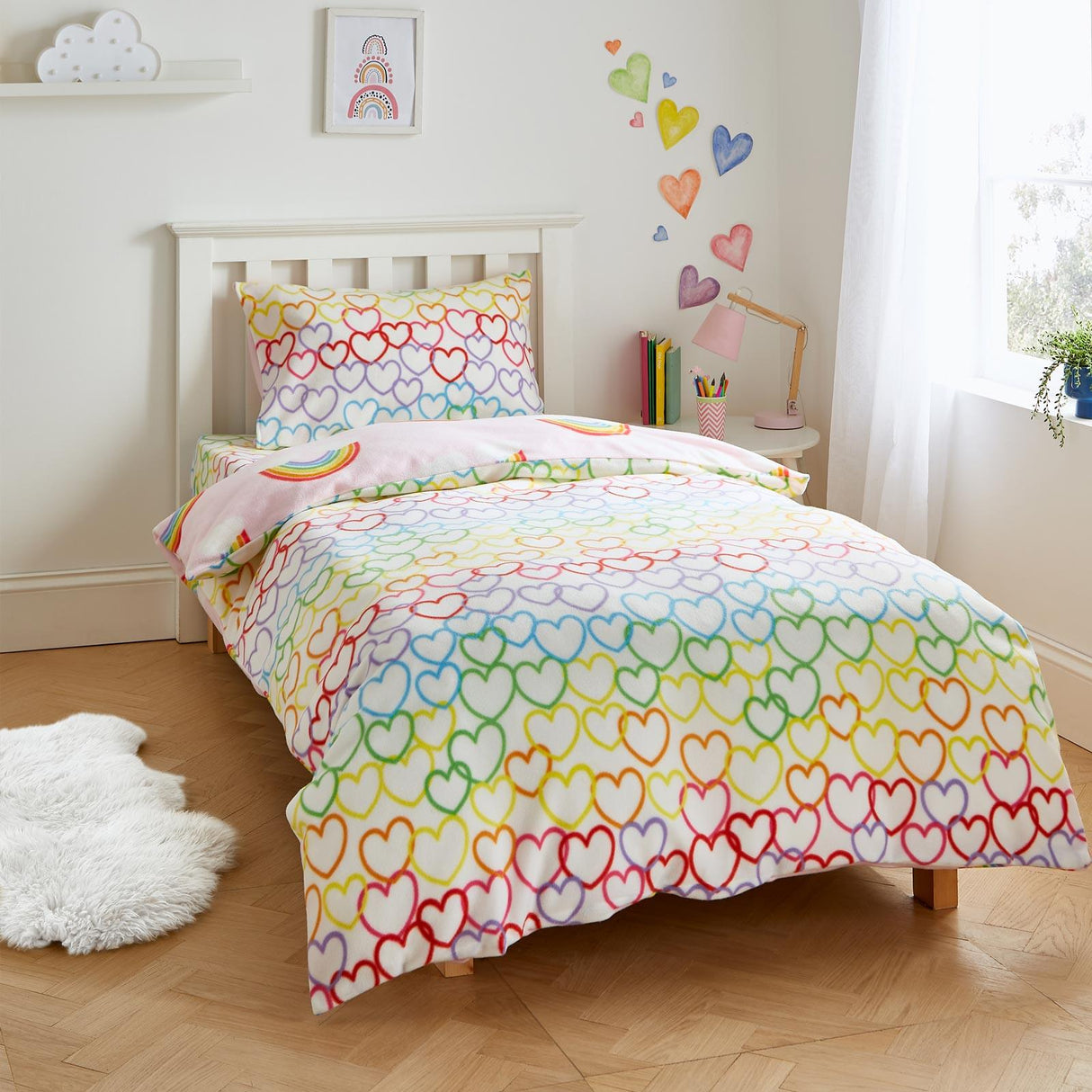 Rainbow Hearts Fleece Duvet Cover Set by Catherine Lansfield