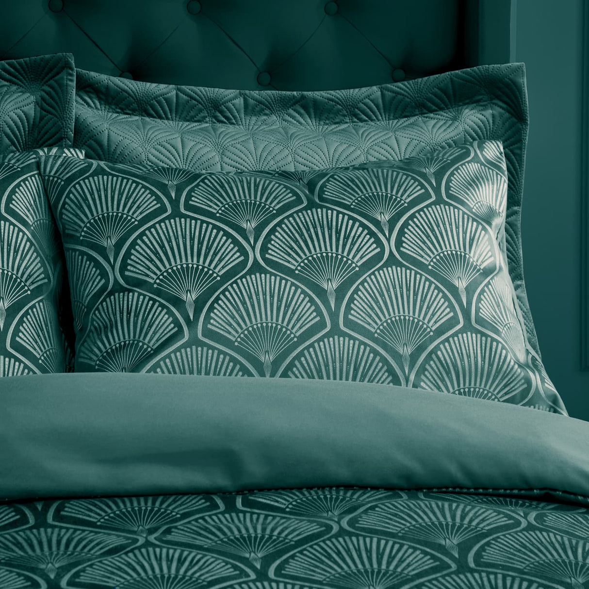 Catherine Lansfield Art Deco Pearl Geometric Duvet Cover Set - Teal - Art Deco Pearl Teal Duvet Set