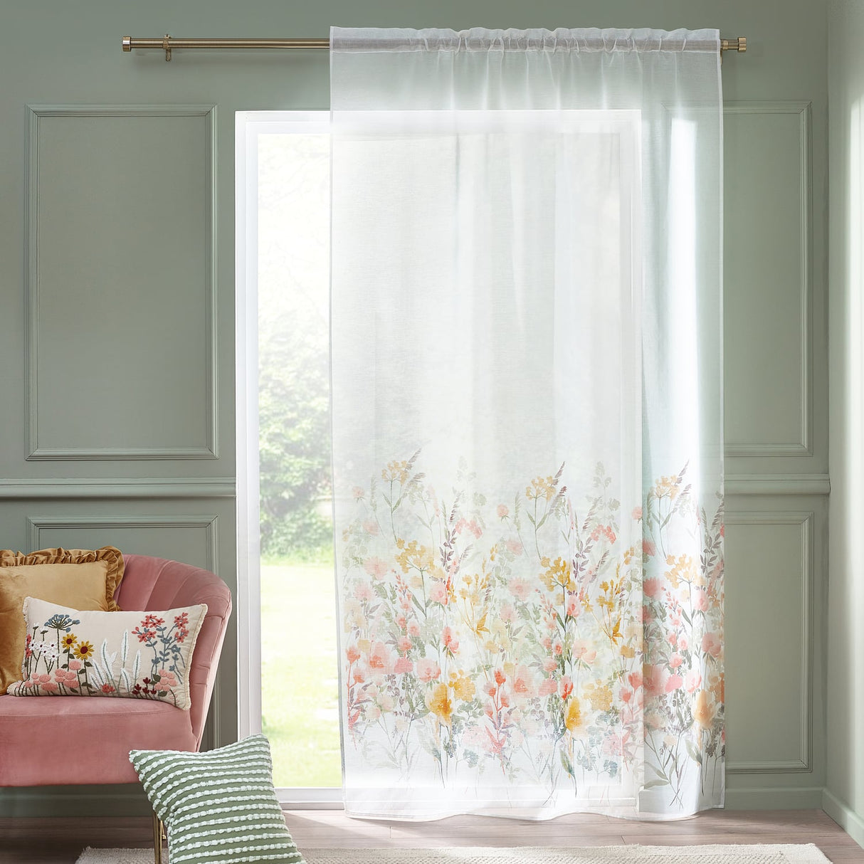 Catherine Lansfield Countryside Floral Slot Top Voile Curtain Panel - White - Countryside Floral Voile