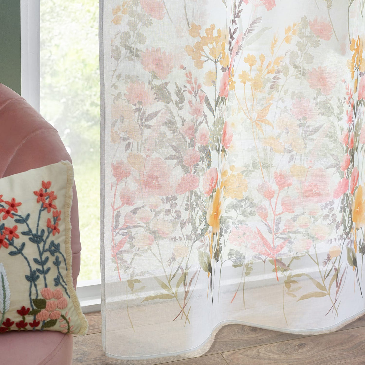 Catherine Lansfield Countryside Floral Slot Top Voile Curtain Panel - White - Countryside Floral Voile