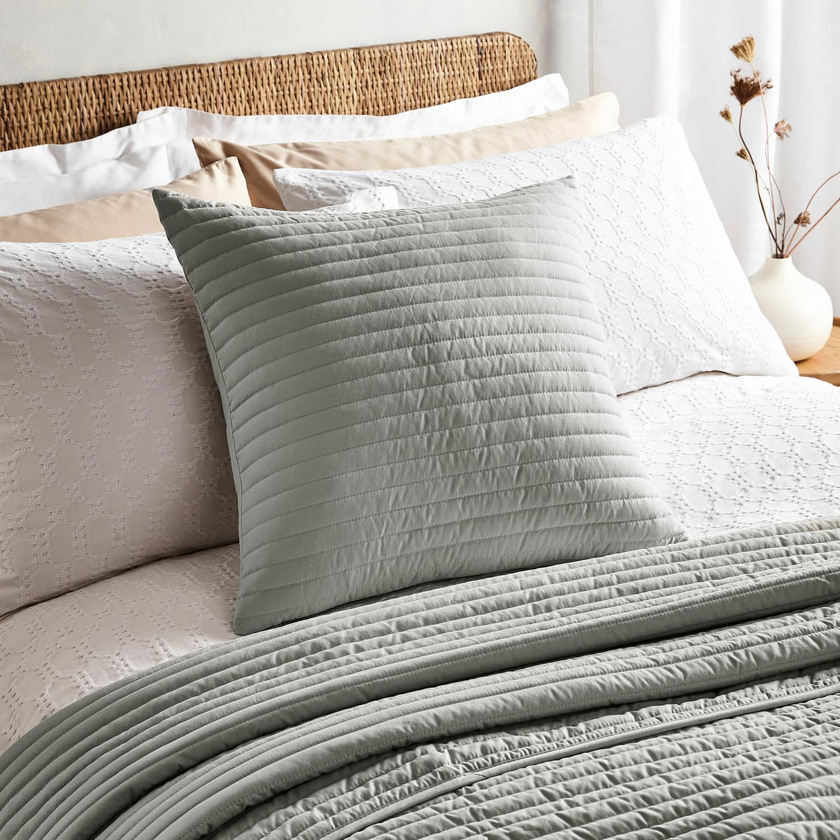 Bianca Quilted Lines Filled Cushion 55cm x 55cm - Quilted Lines Cushion Silver Grey
