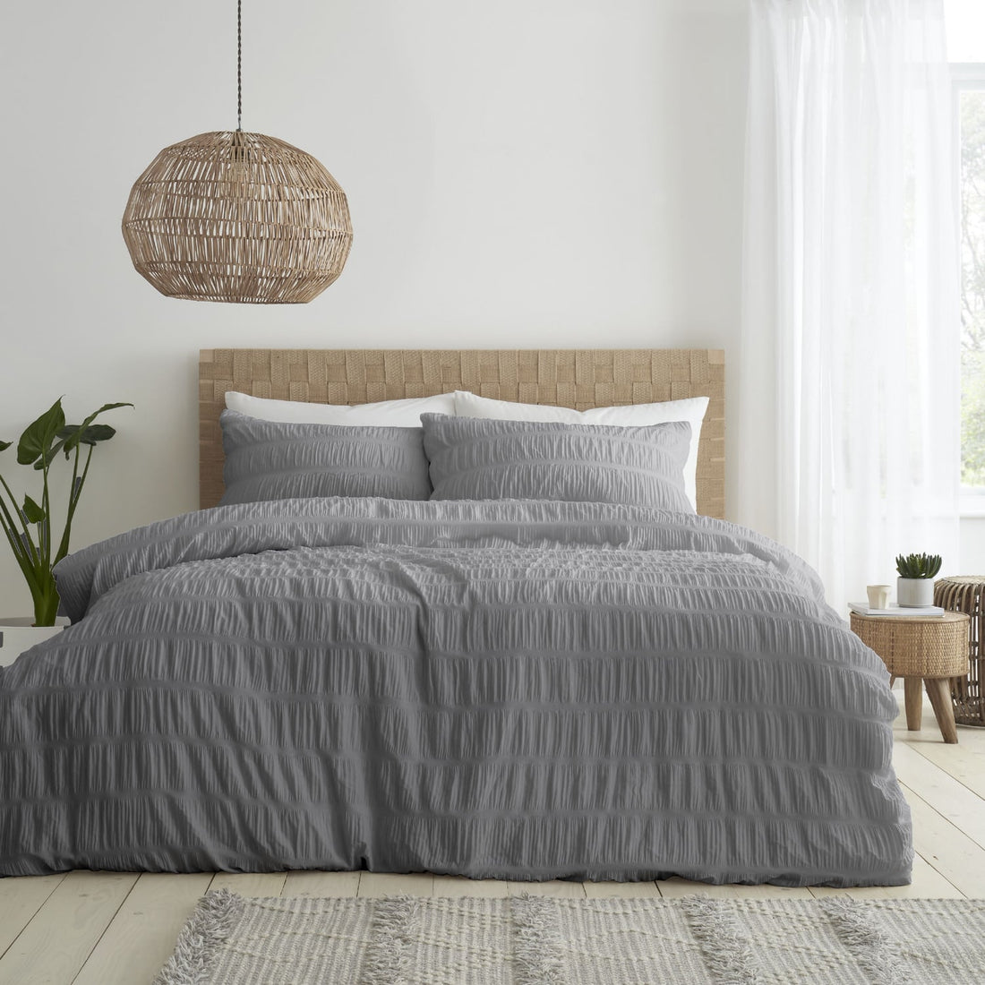 Bianca Fine Linens Seersucker Woven Stripe Grey 100% Cotton Duvet Cover Bedding Set