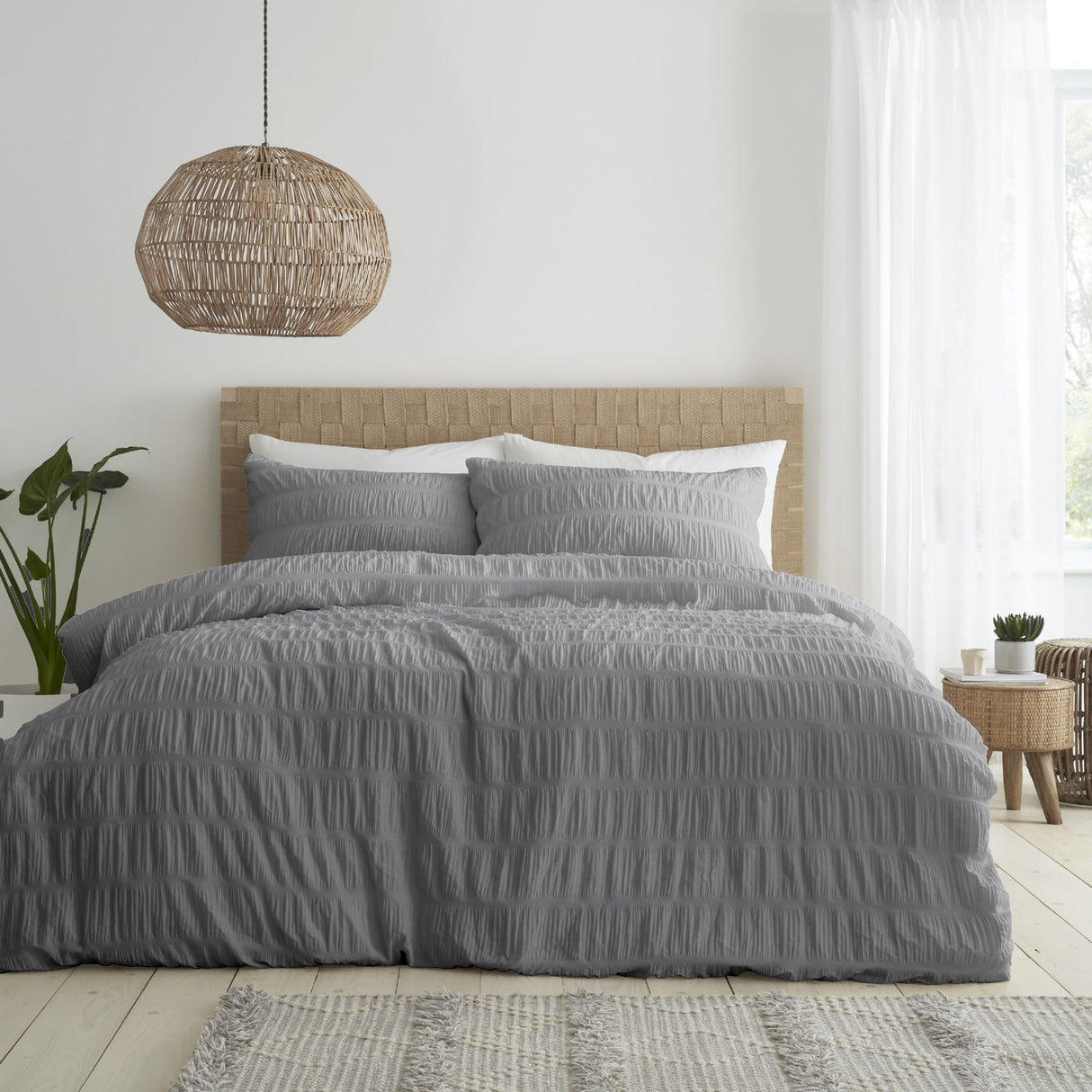 Bianca Fine Linens Seersucker Woven Stripe Grey 100% Cotton Duvet Cover Bedding Set