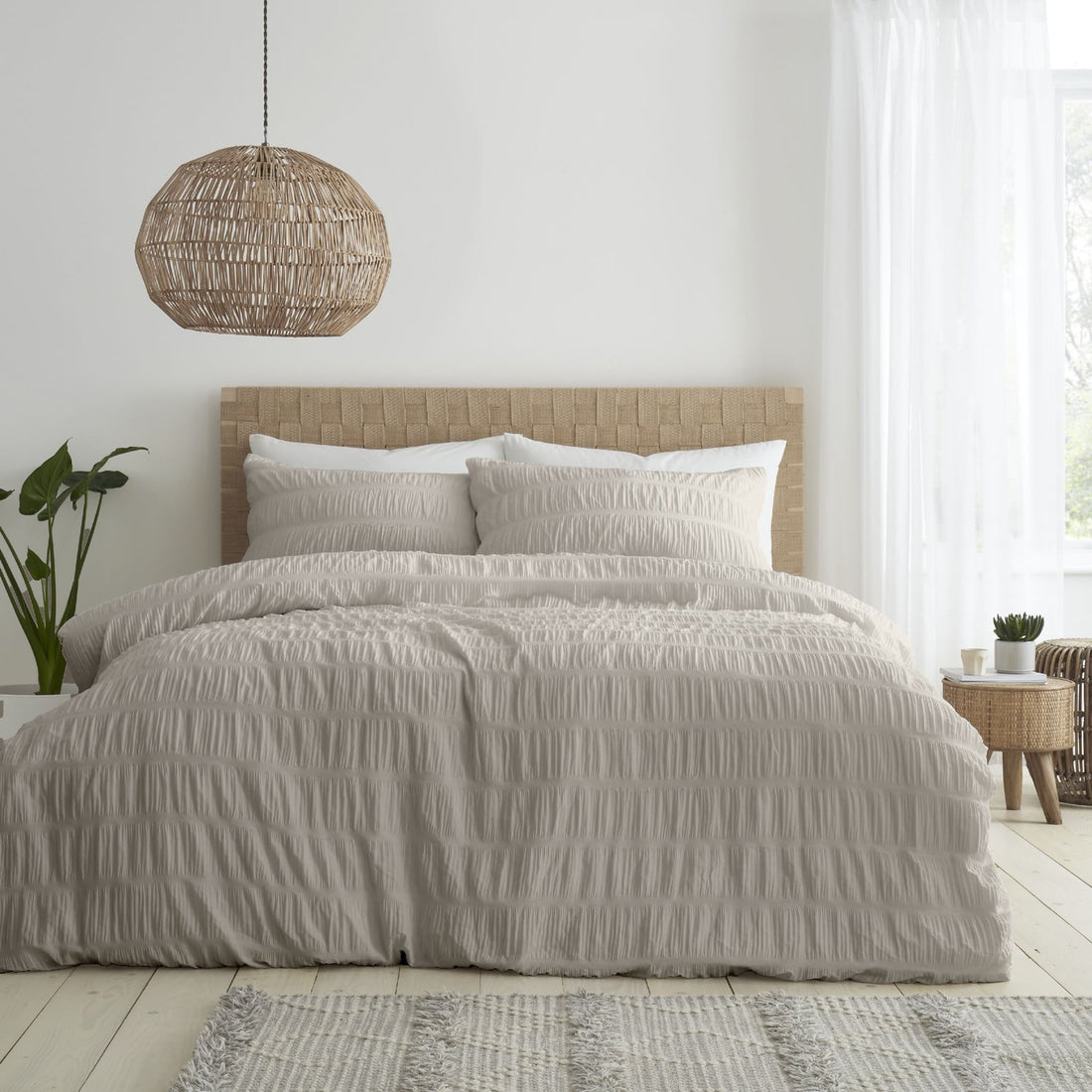 Bianca Fine Linens Seersucker Woven Stripe Natural 100% Cotton Duvet Cover Bedding Set
