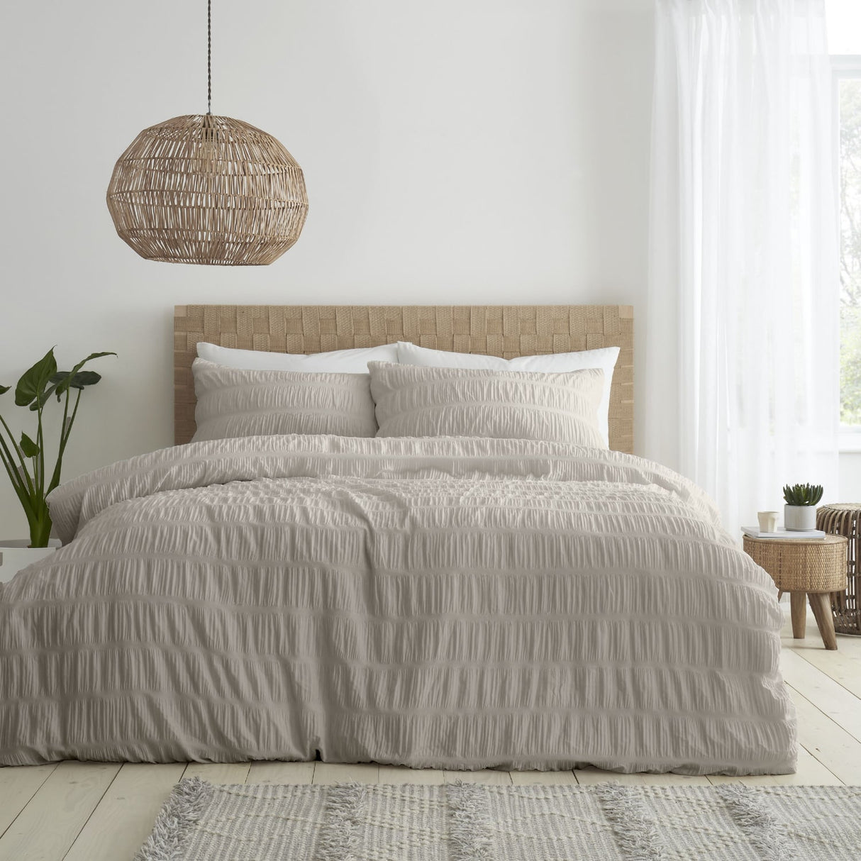Bianca Fine Linens Seersucker Woven Stripe Natural 100% Cotton Duvet Cover Bedding Set