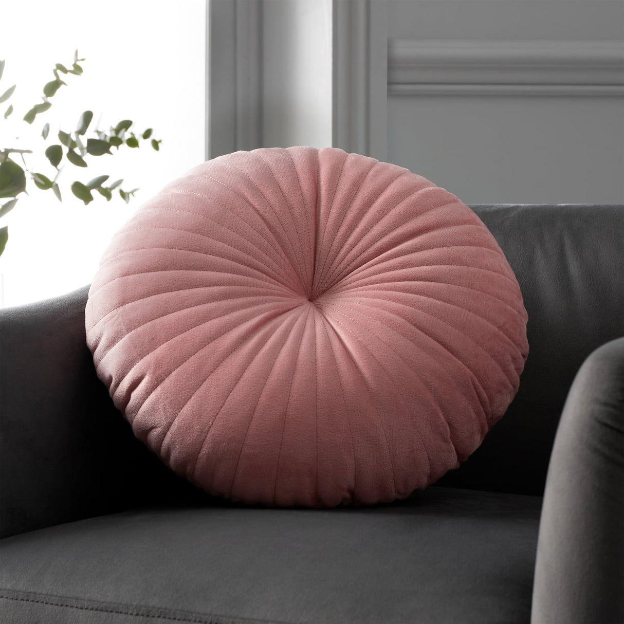 Catherine Lansfield Pleated Round Button Filled Cushion - Pink
