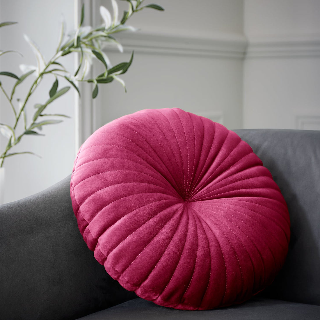 Catherine Lansfield Pleated Round Button Hot Pink Filled Cushion