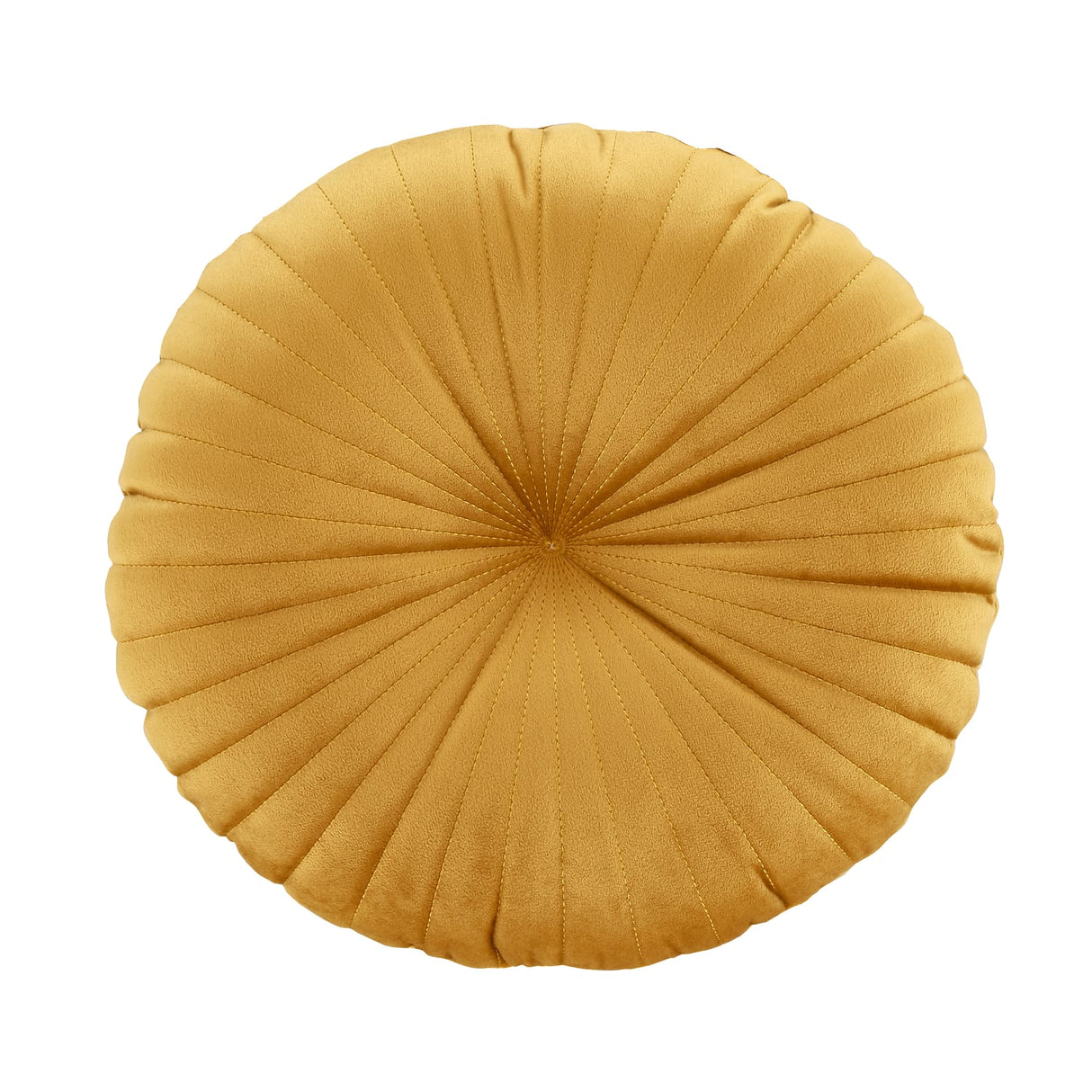 Catherine Lansfield Pleated Round Button Filled Cushion - Natural - Velvet Round Cushion Mustard