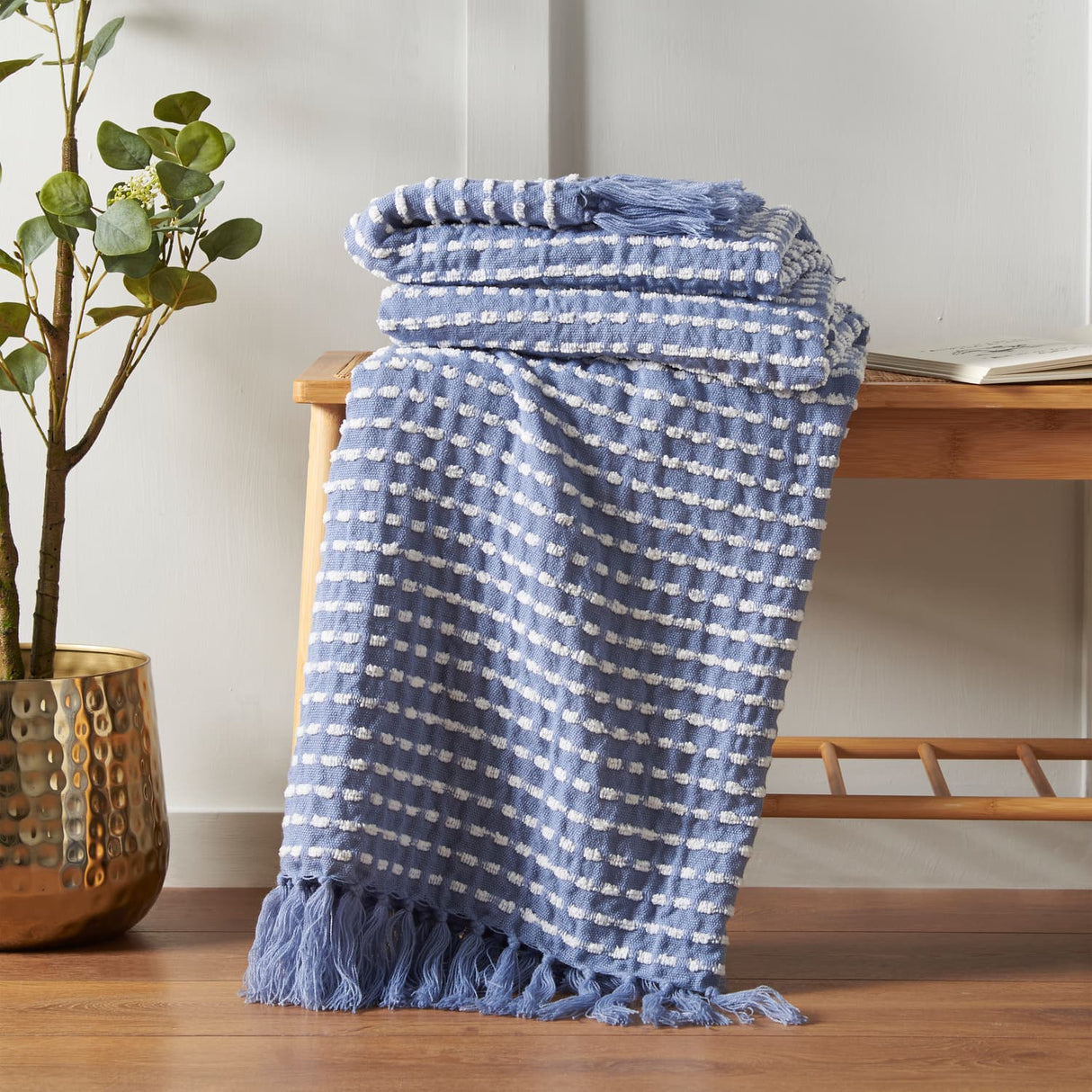 Catherine Lansfield Stab Stitch Throw – Blue – 125cm x 150cm