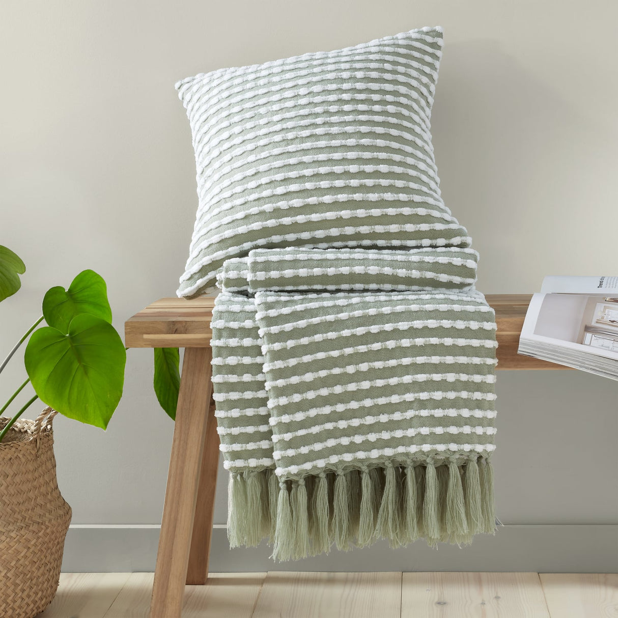 Catherine Lansfield Stab Stitch Natural Lined Eyelet Curtains - Sage Green